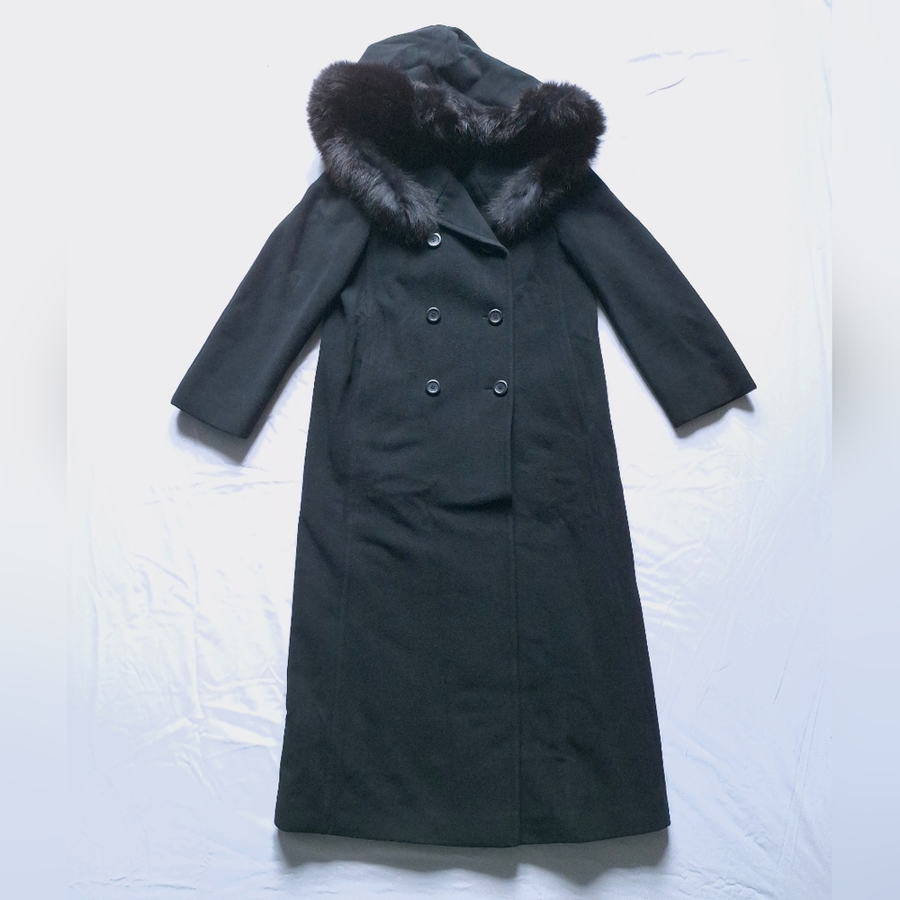 Mallia Italian Virgin Wool Cashmere Hooded Fur Trim Vintage Long Black Coat, 8